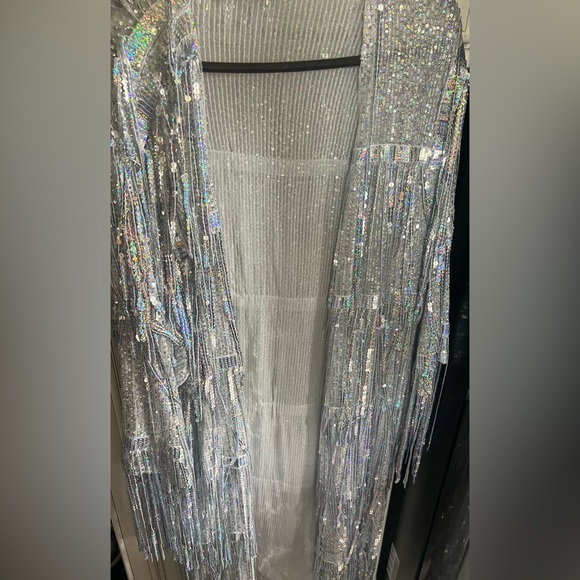 Dolls Kill Club Exx Glam All Night Sequin Fringe Duster Holo Bling Sz XS - Picture 3 of 10